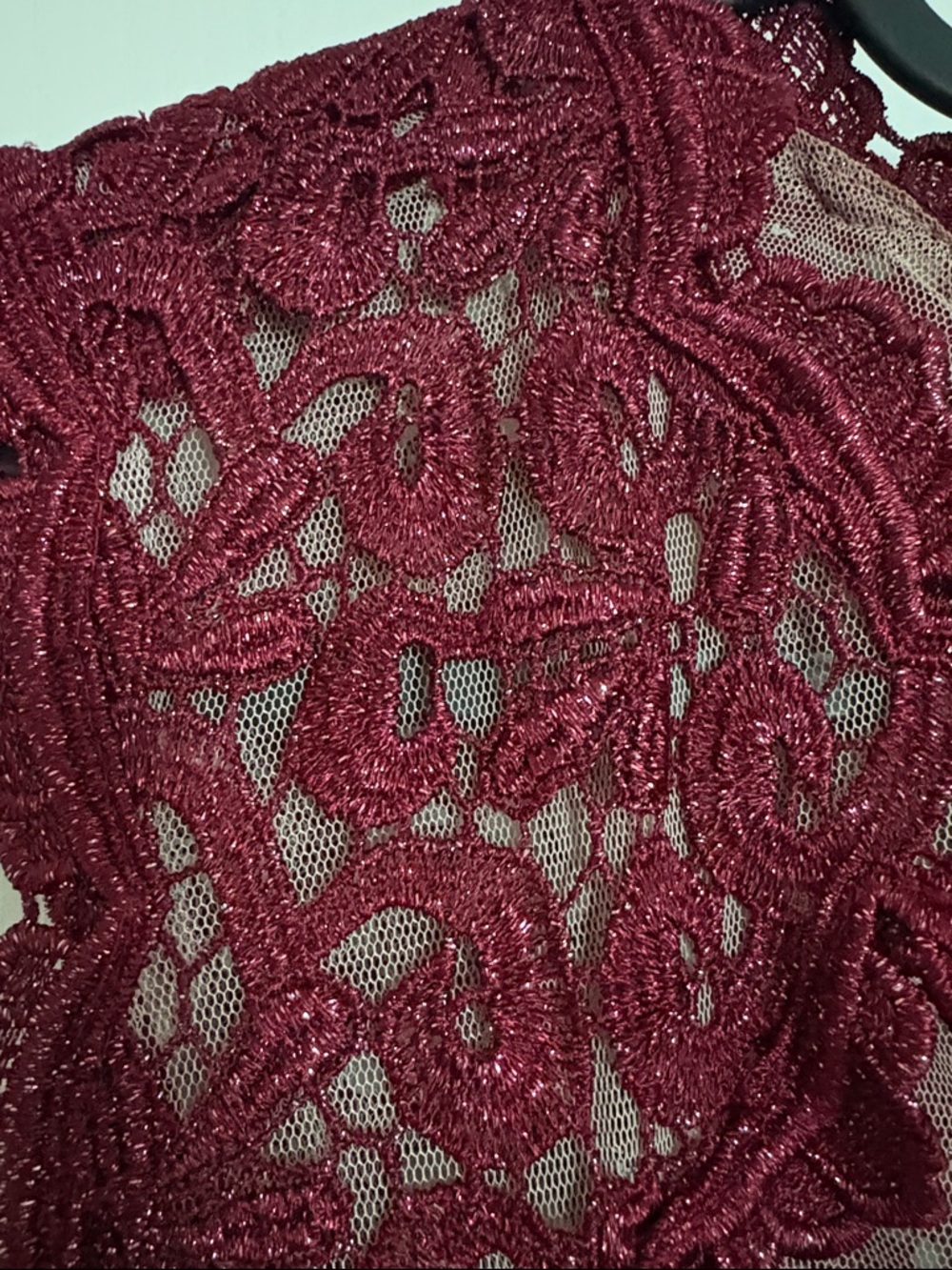 Xscape Burgundy Iridescent Lace-Detail Mermaid Prom Evening Gown - Picture 3 of 10